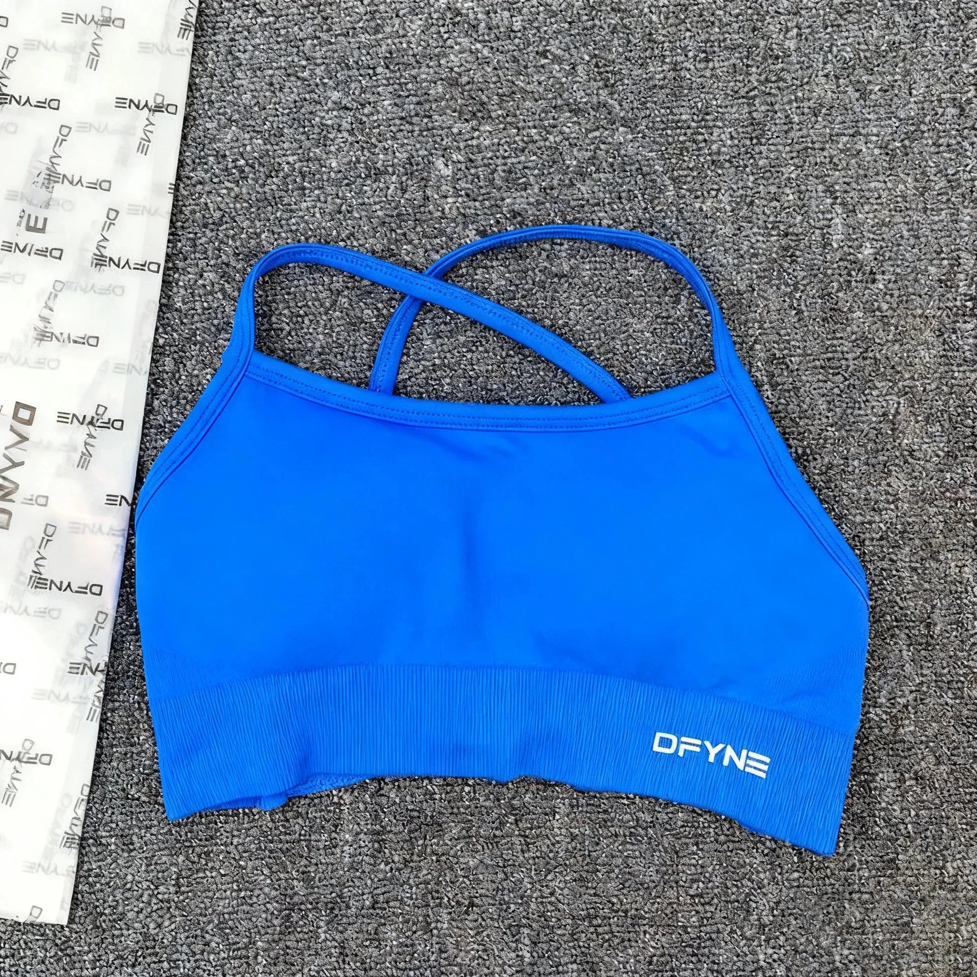 DFYNE Underwear Cross-Back Sports Bra with Ribbed Underband — Electric Blue Cross Bra