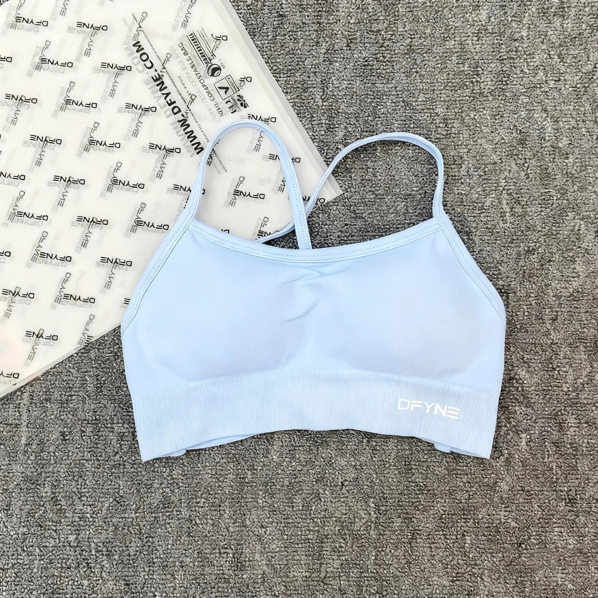 DFYNE Underwear Cross-Back Sports Bra with Ribbed Underband — Ice Blue Cross Bra