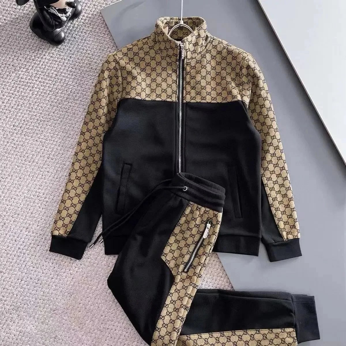 Prada Tracksuits Black zip-up hooded tracksuit with triangle logo patches — gucci suit