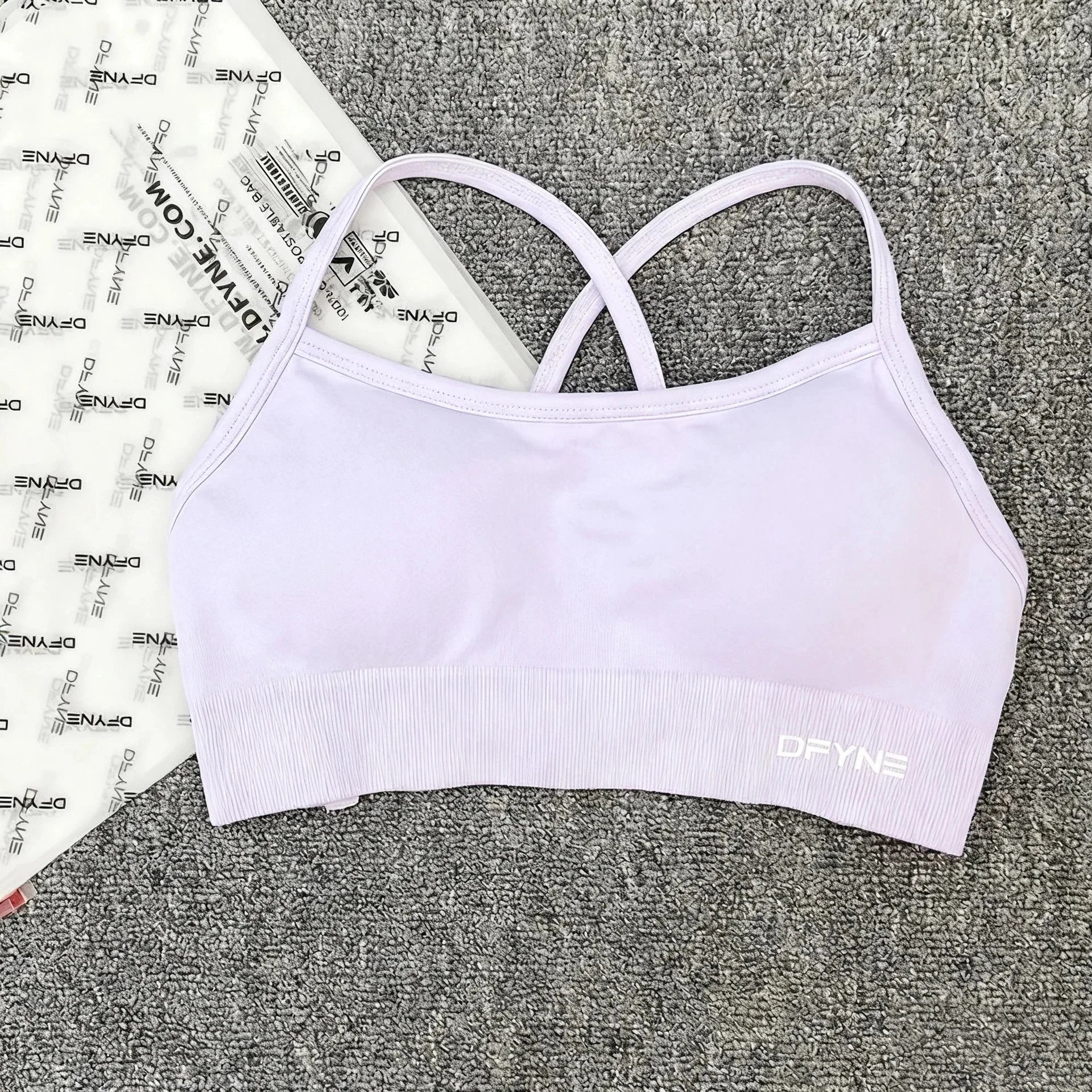DFYNE Underwear Cross-Back Sports Bra with Ribbed Underband — Lavender purple cross bra