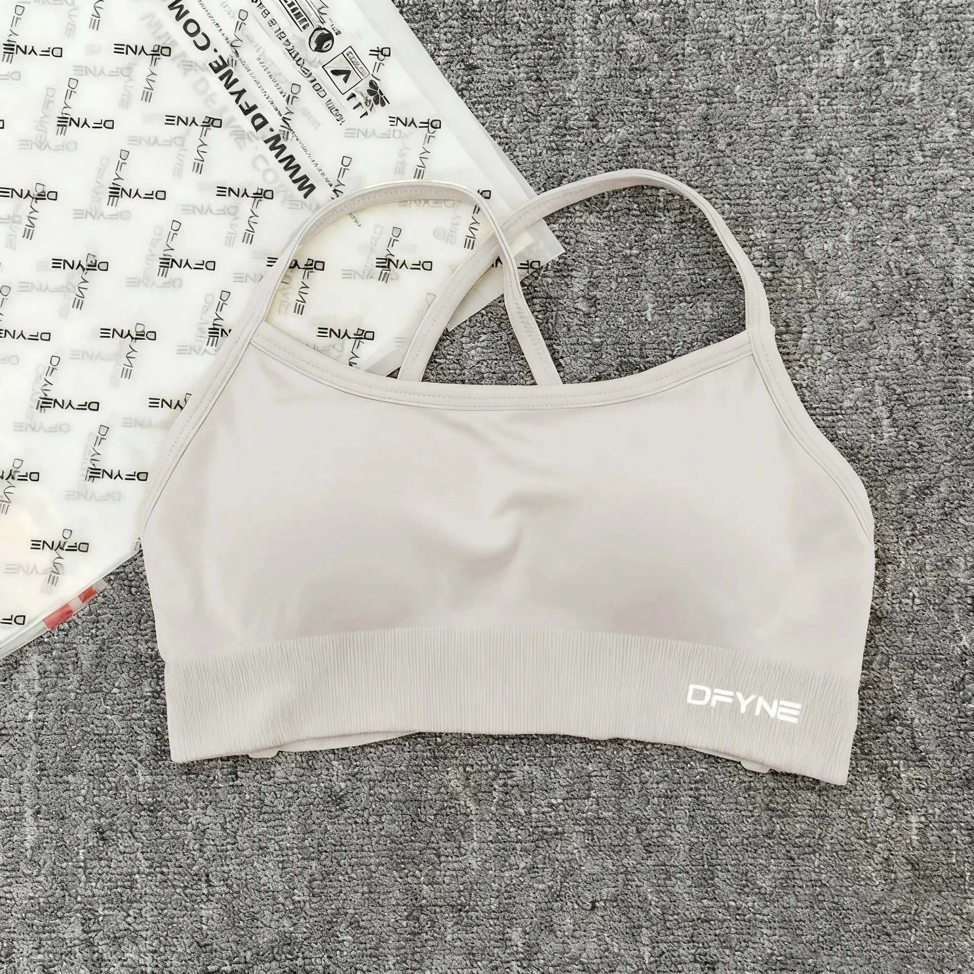 DFYNE Underwear Cross-Back Sports Bra with Ribbed Underband — Feather Rice Cross Bra