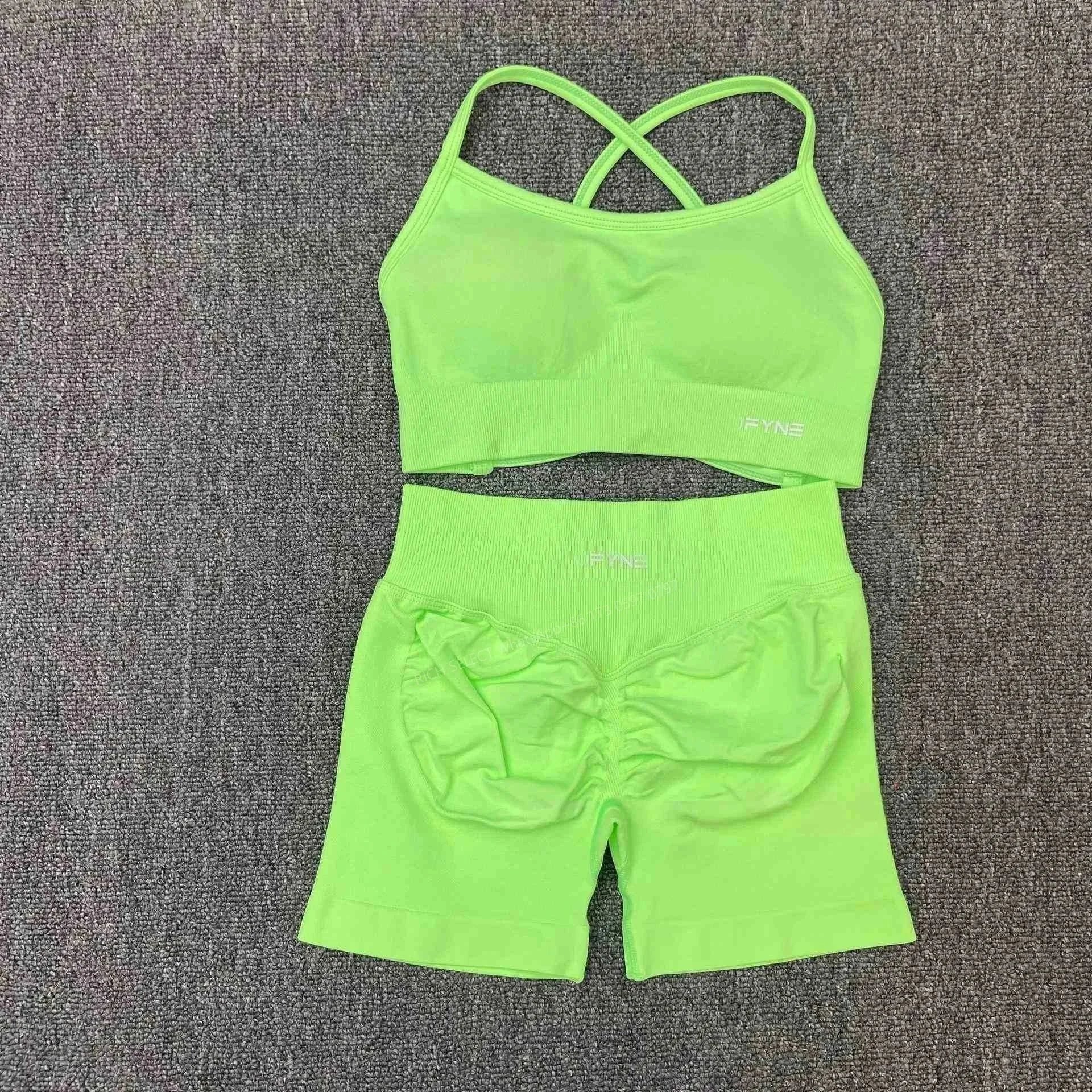 DFYNE Underwear Cross-Back Sports Bra with Ribbed Underband — Neon Green Crossover Bra Shorts