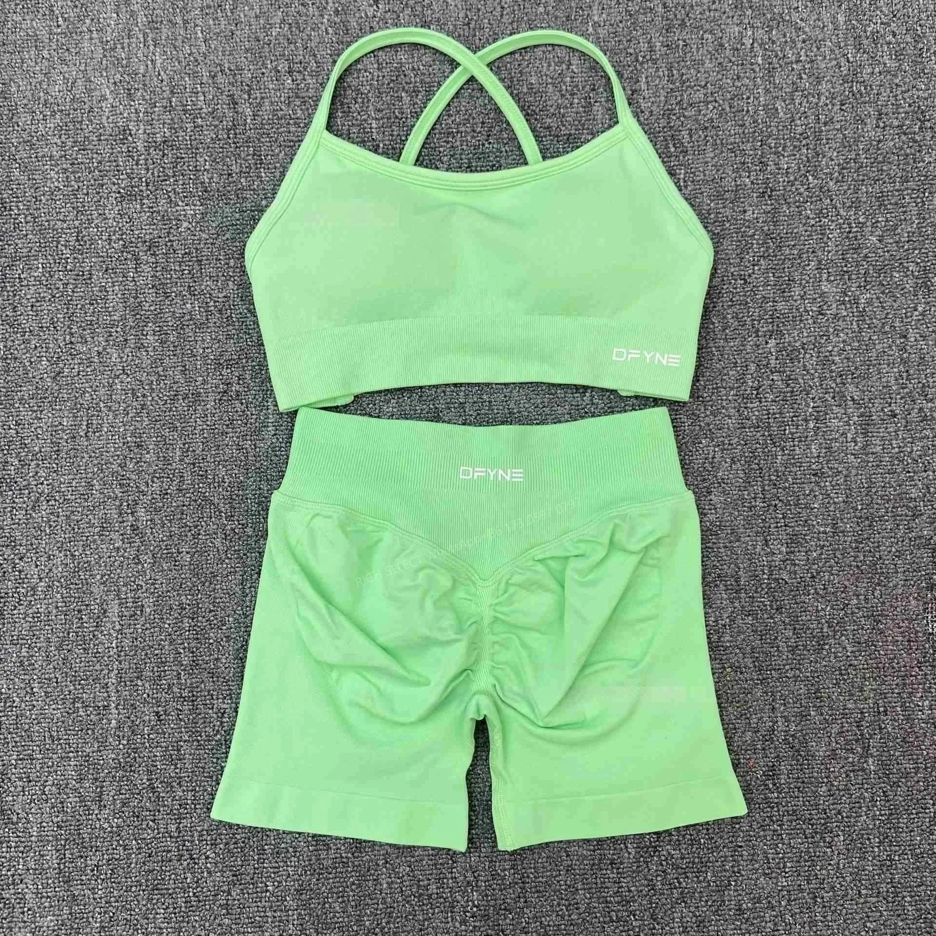 DFYNE Underwear Cross-Back Sports Bra with Ribbed Underband — Fluorescent Green Crossover Bra Shorts