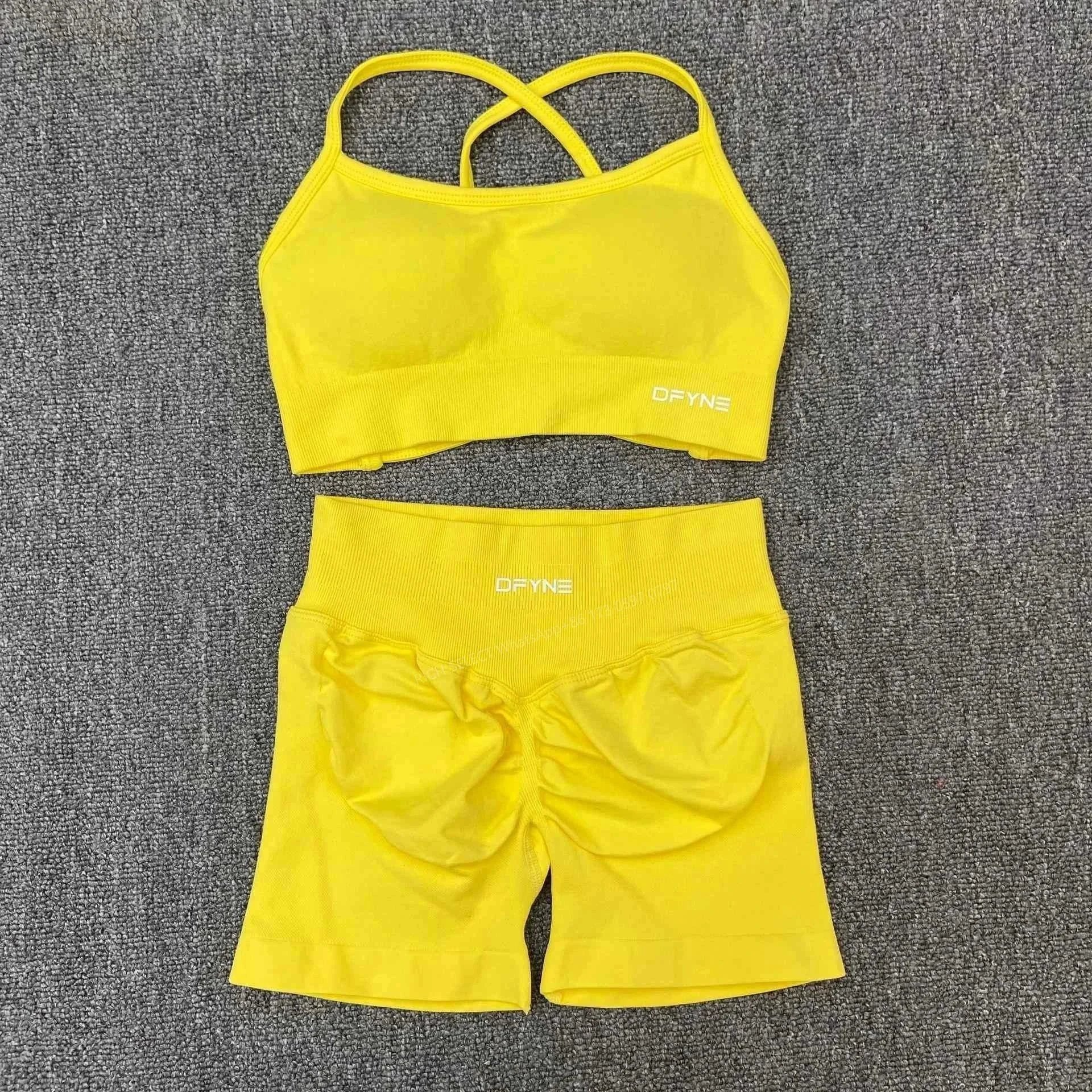 DFYNE Underwear Cross-Back Sports Bra with Ribbed Underband — Lemon Yellow Cross Bra Shorts