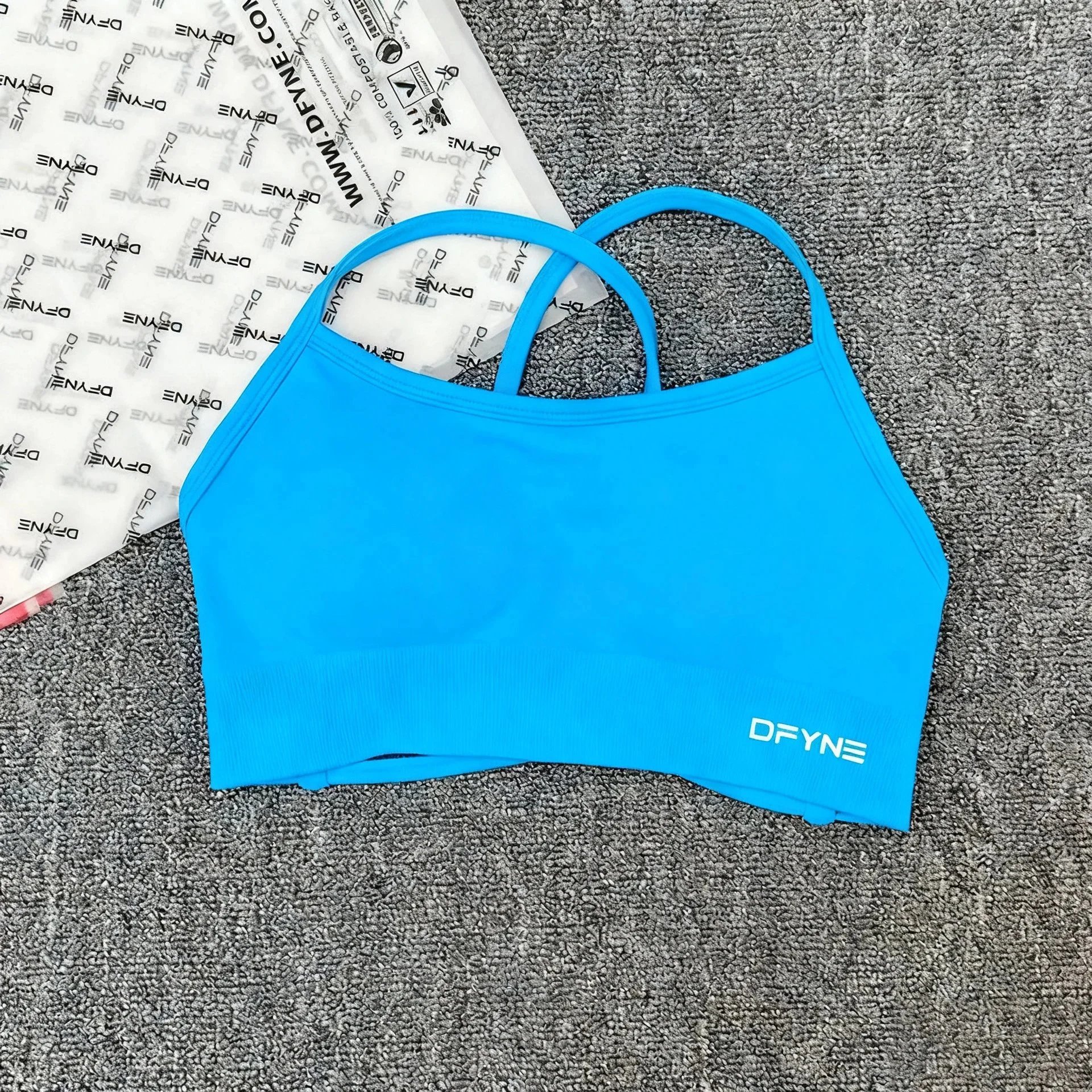 DFYNE Underwear Cross-Back Sports Bra with Ribbed Underband — Glacier Blue Cross Bra
