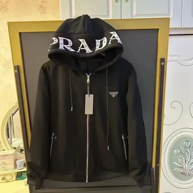 Prada Tracksuits Black zip-up hooded tracksuit with triangle logo patches product detail image 1