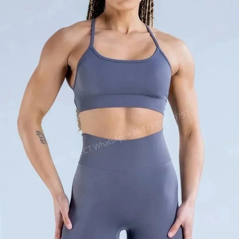 DFYNE Underwear Cross-Back Sports Bra with Ribbed Underband — Blue-gray cross-front bra