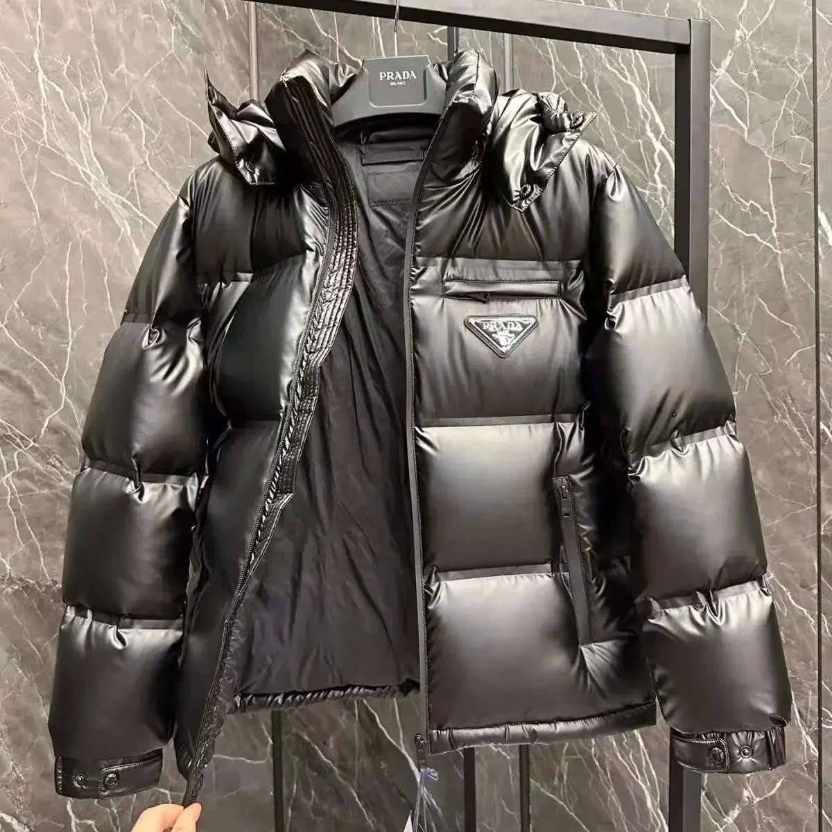 Prada Tracksuits Black zip-up hooded tracksuit with triangle logo patches — prada31