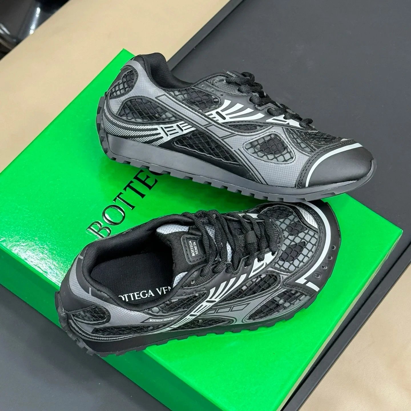 Bottega Veneta Sneakers Metallic mesh-paneled lace-up — Black [Original Label, Original Box, **Version**]