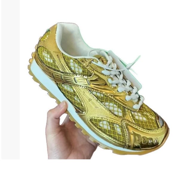 Bottega Veneta Sneakers Metallic mesh-paneled lace-up — Golden [Original Label, Original Box, **Version**]