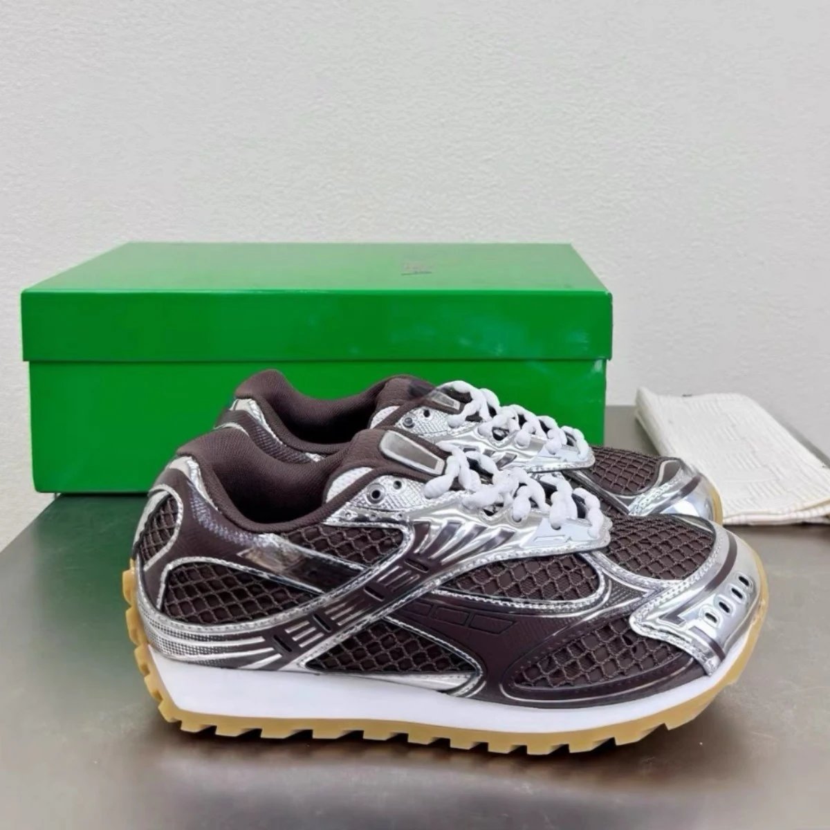 Bottega Veneta Sneakers Metallic mesh-paneled lace-up — Chocolate Brown [Original Label, Original Box, **Version**]