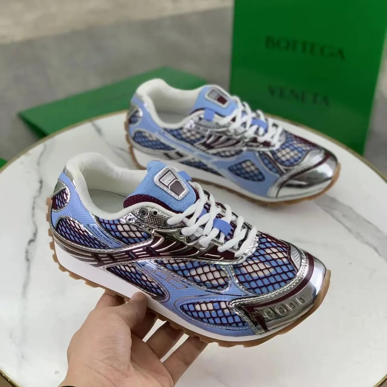 Bottega Veneta Sneakers Metallic mesh-paneled lace-up — Blue-purple [Original Label, Original Box, **Version**]