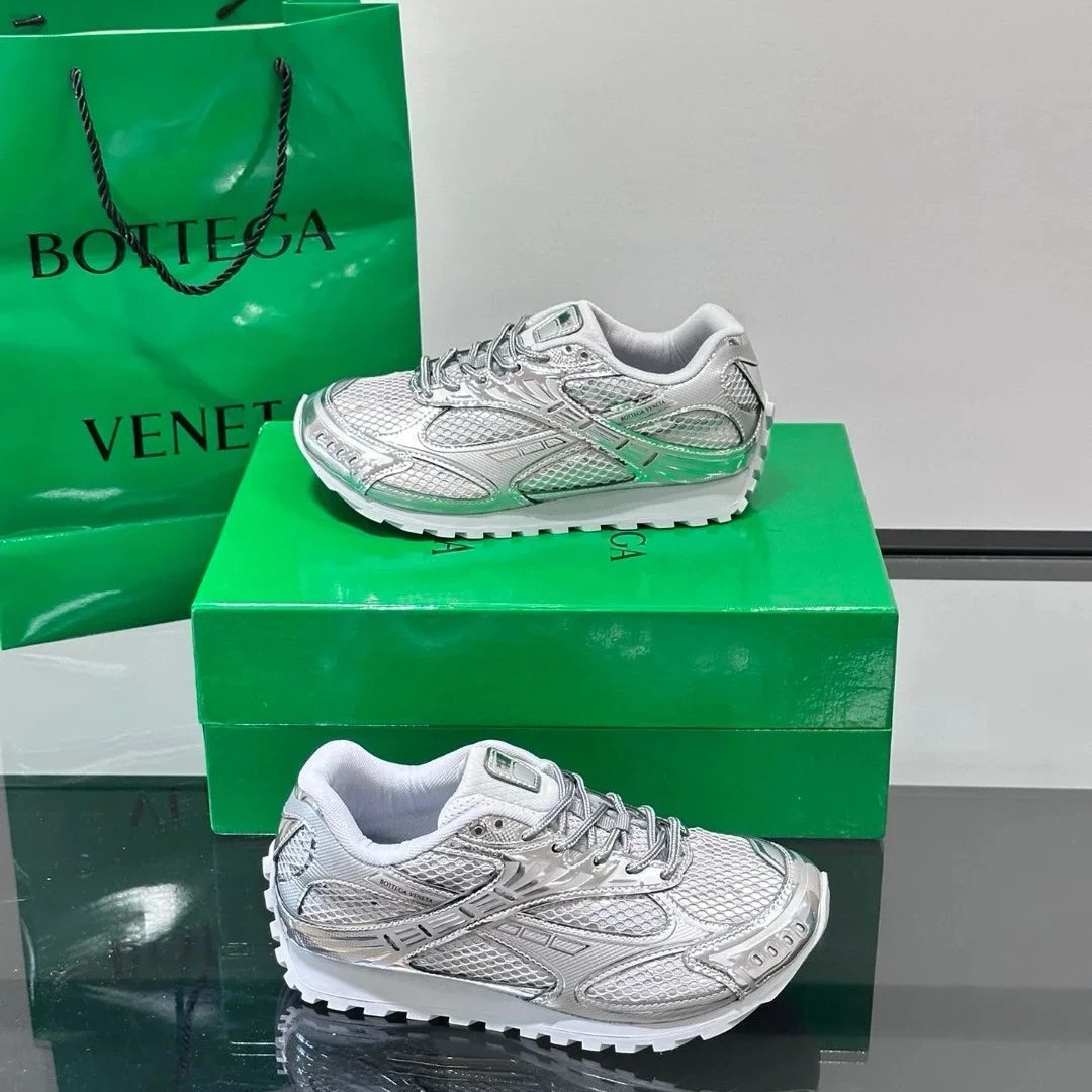 Bottega Veneta Sneakers Metallic mesh-paneled lace-up — Liquid Silver [Original Label, Original Box, **Version**]