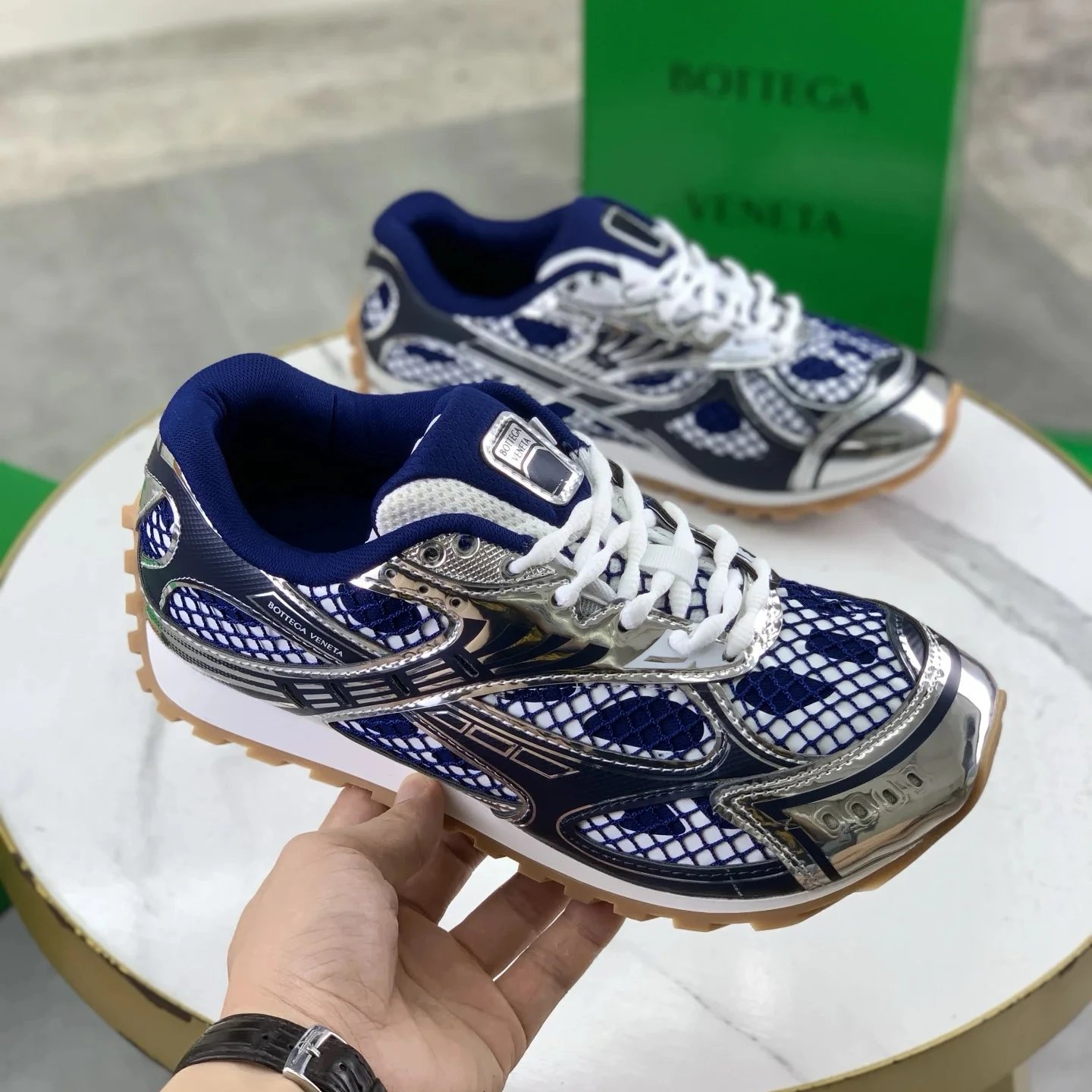 Bottega Veneta Sneakers Metallic mesh-paneled lace-up — Dark blue [original label, original box, **edition**]