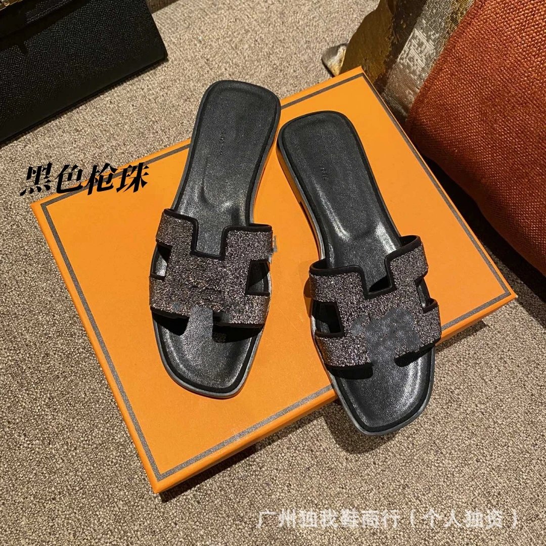 Hermès Sandals Oran H-Cut Slide — Black gun bead