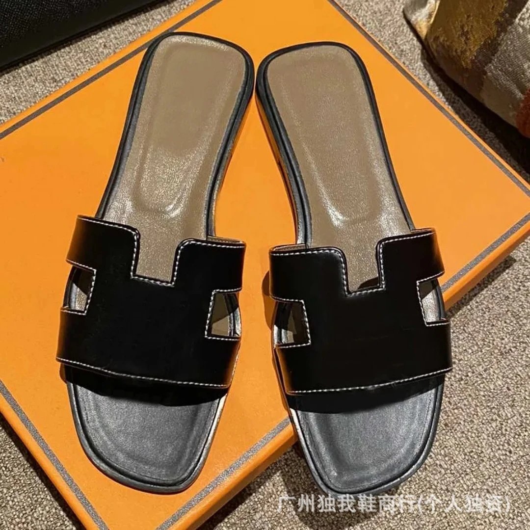 Hermès Sandals Oran H-Cut Slide — Classic Black with Sheep Pattern