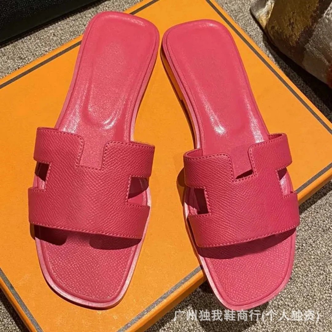 Hermès Sandals Oran H-Cut Slide — Palm print rose red