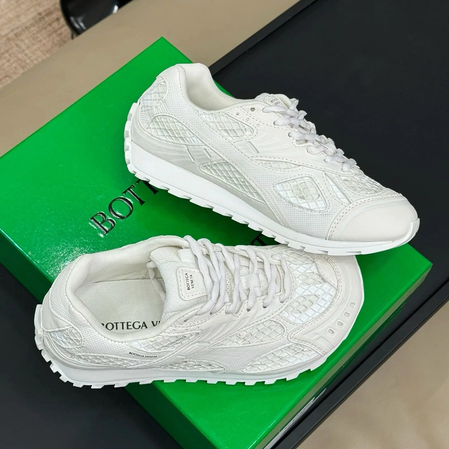 Bottega Veneta Sneakers Metallic mesh-paneled lace-up — White [Original Label, Original Box, **Version**]