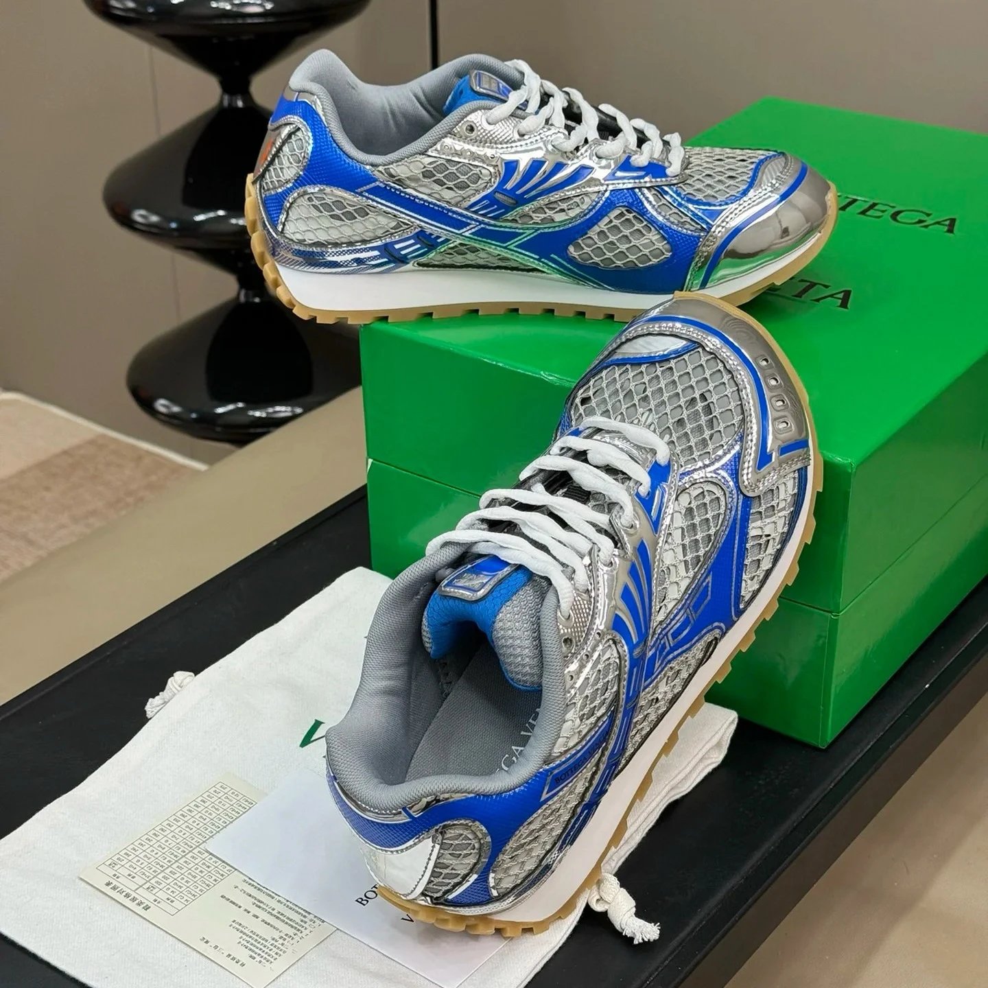 Bottega Veneta Sneakers Metallic mesh-paneled lace-up — Silver-Blue [Original Label, Original Box, **Version**]