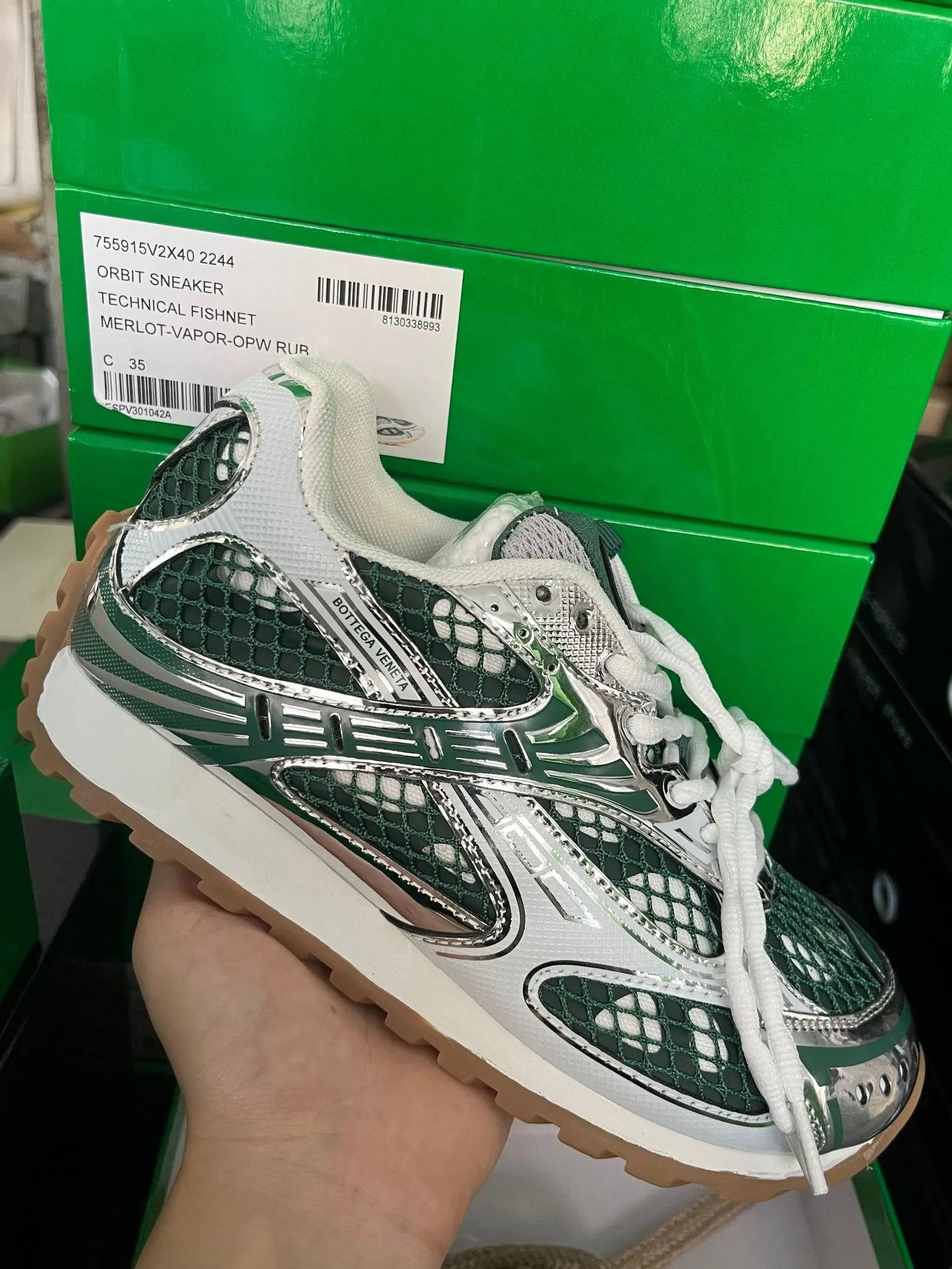 Bottega Veneta Sneakers Metallic mesh-paneled lace-up — Green Grass [Original Label, Original Box, **Version**]