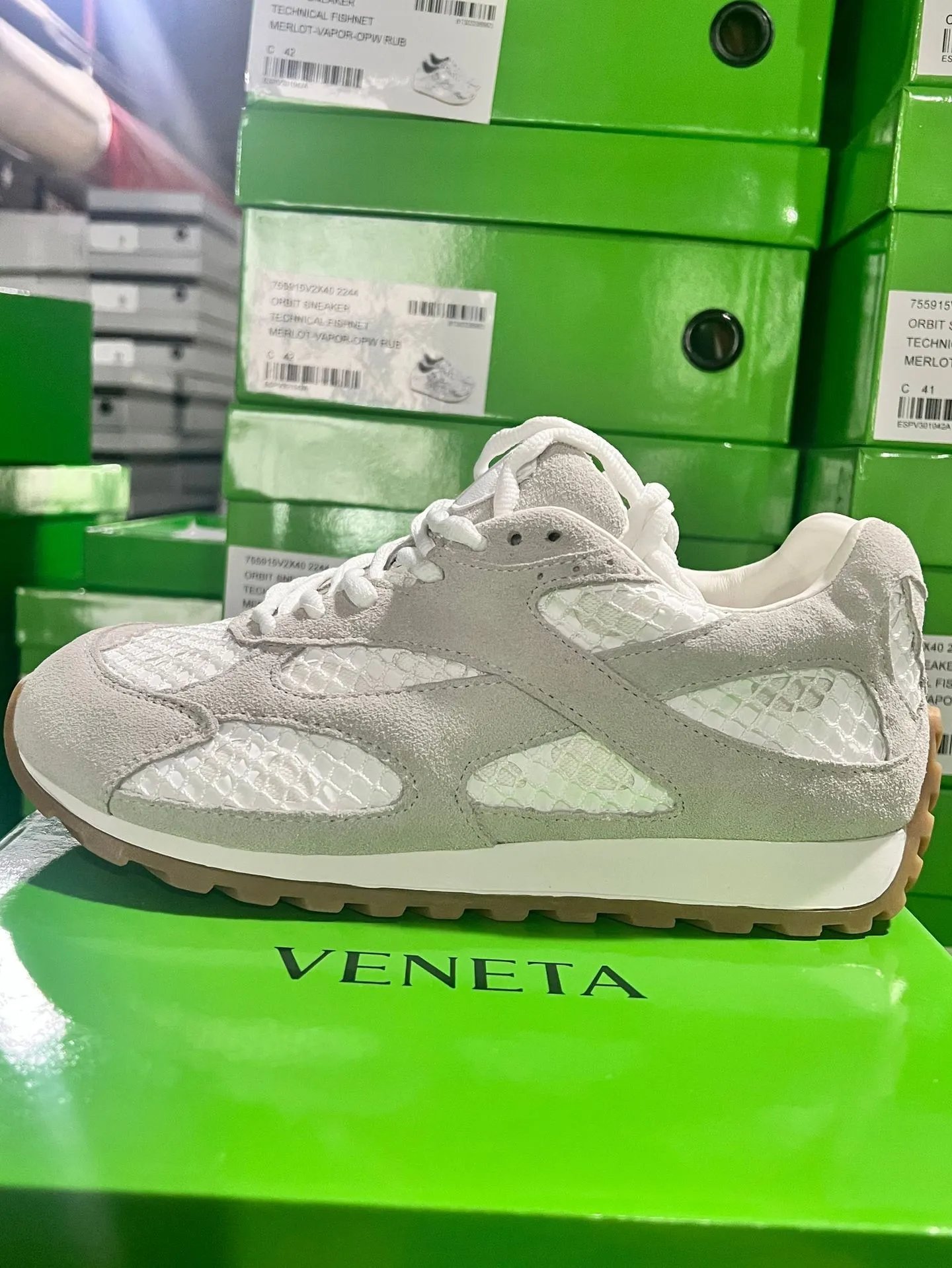 Bottega Veneta Sneakers Metallic mesh-paneled lace-up — Off-white suede [original label, original box, **edition**]
