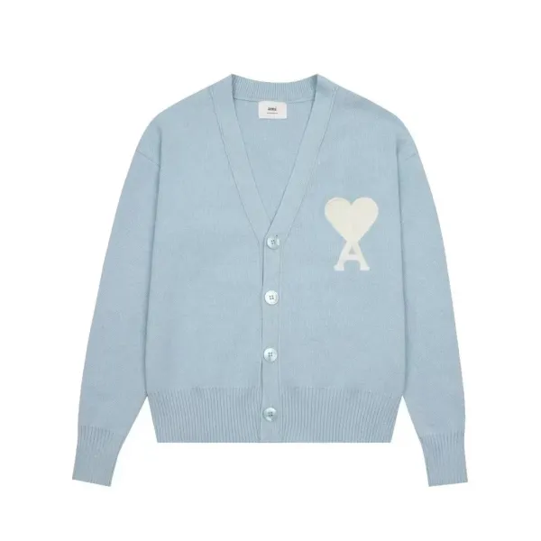Ami Paris Heart Logo Cardigan Light Blue Knit Cardigan - 1