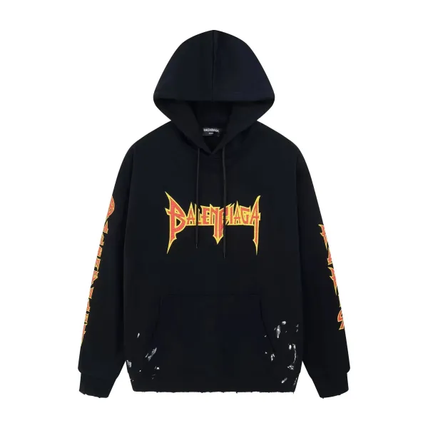 Balenciaga Metal Logo Distressed Black Hoodie - 1