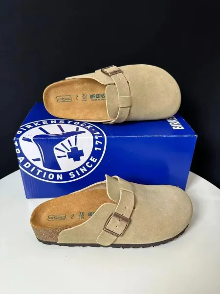 Soft Footbed Clog Beige Suede Slip-On Sandals - 6
