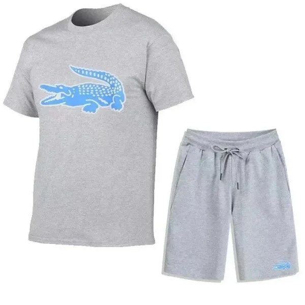 Lacoste Crocodile Logo Gray Heather Set with Blue Print T-Shirt and Shorts - 1