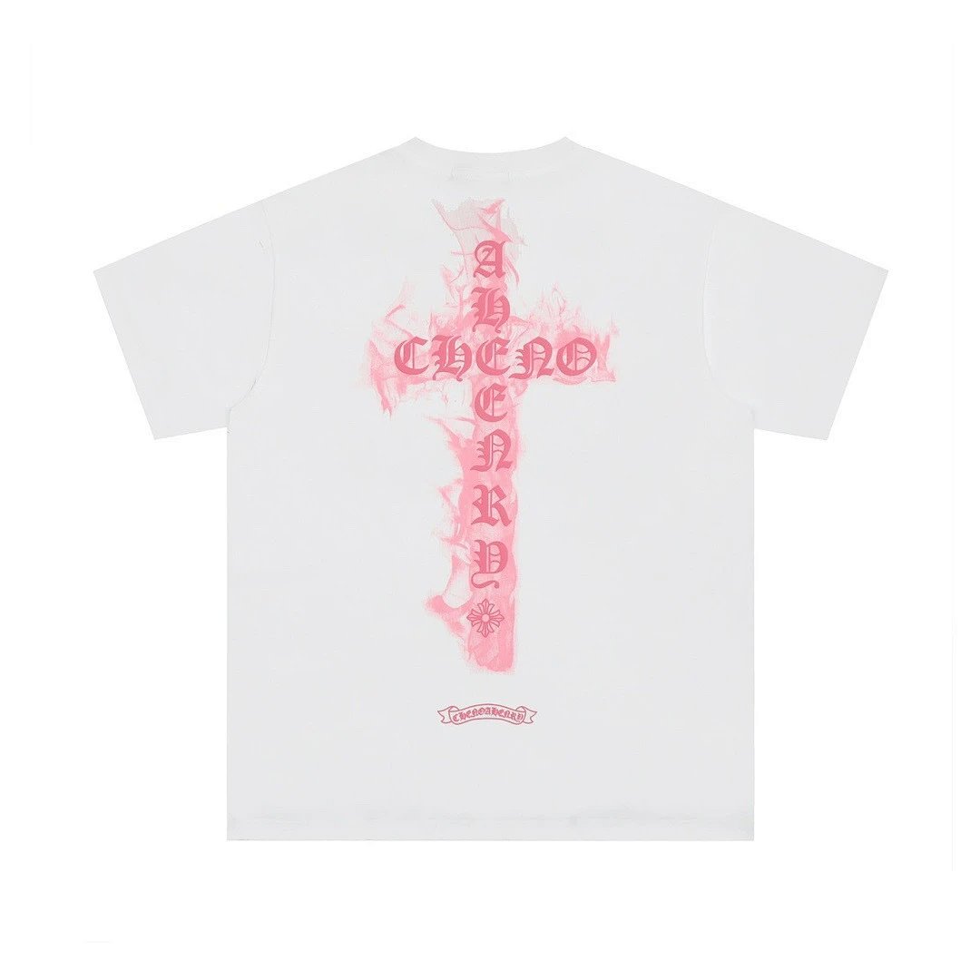 Chrome Hearts Style Sanskrit Letter Print Cross Graphic Loose Casual Unisex Short-Sleeve T-Shirt