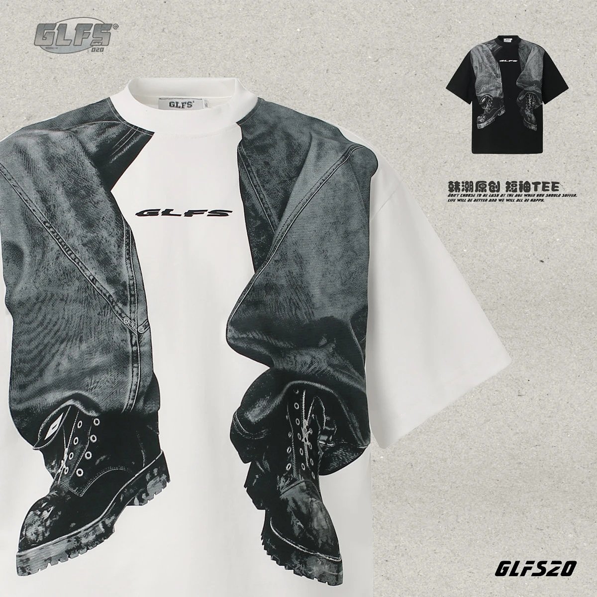 GLFS Spring/Summer American Subculture Denim Fun Cool Men's Short Sleeve Cotton T-Shirt Vintage Fit Tee