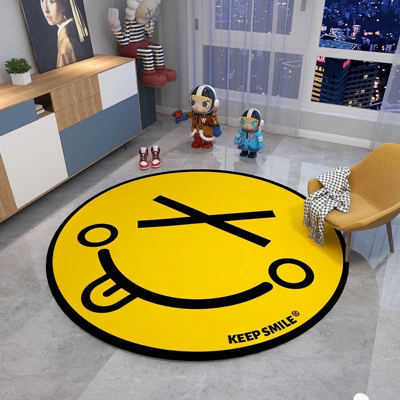 American-Style Round Yellow Smiley Face Rug for Living Room Sofa Computer Chair Bedroom Bedside