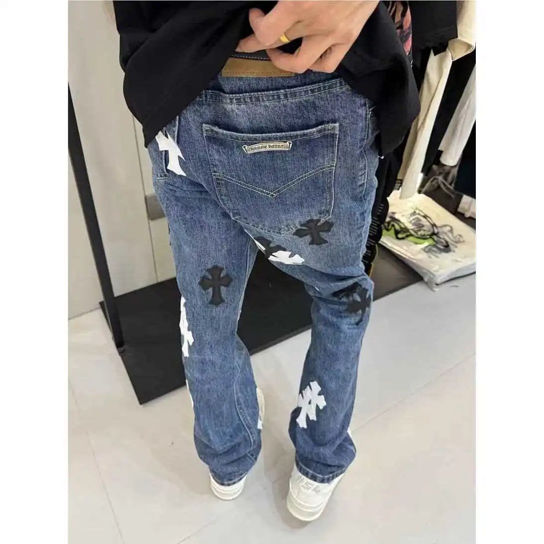 Cross Patch Leather Washed Jeans