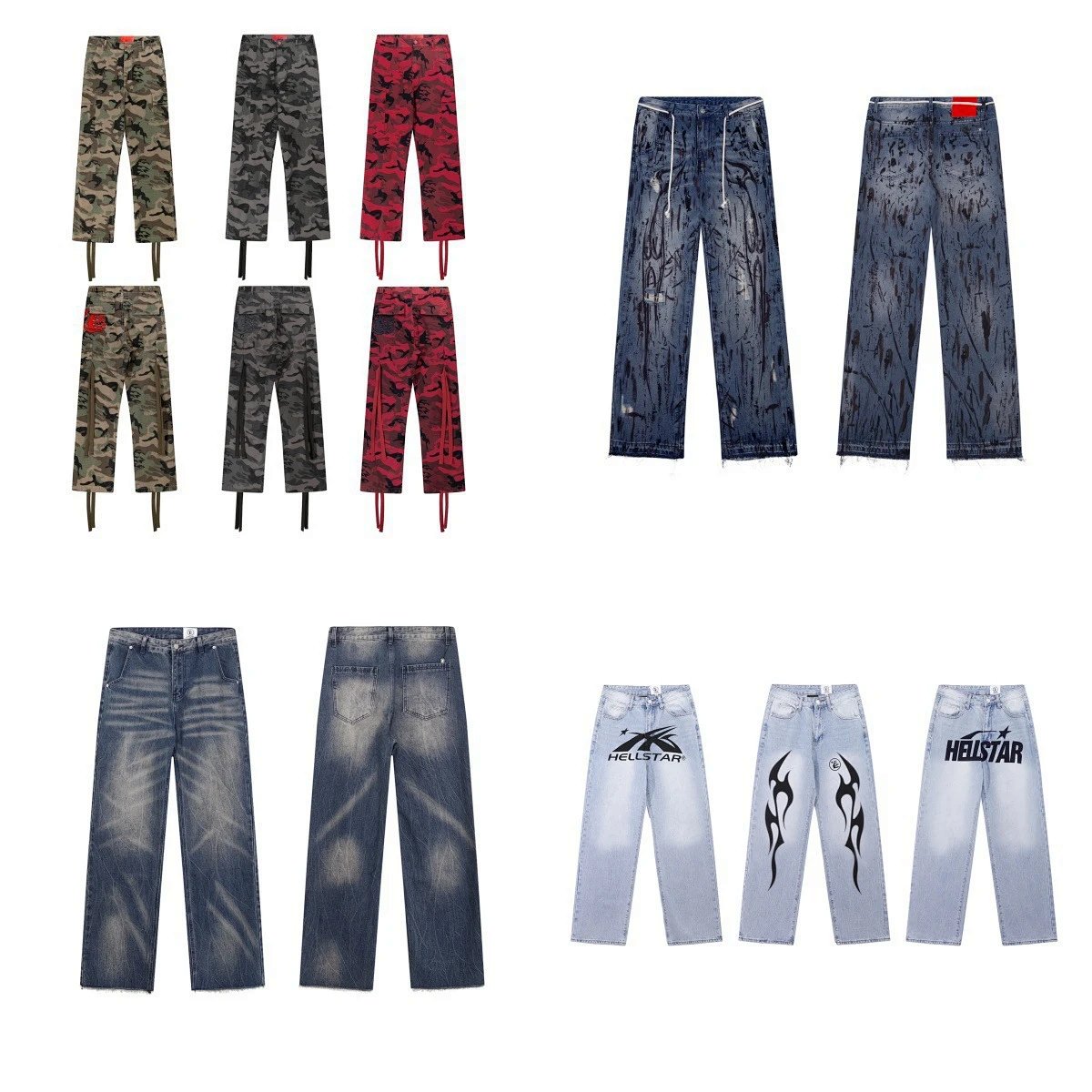 Hestr Streetwear Camo Washed Logo Print Jeans Men's American Casual Denim