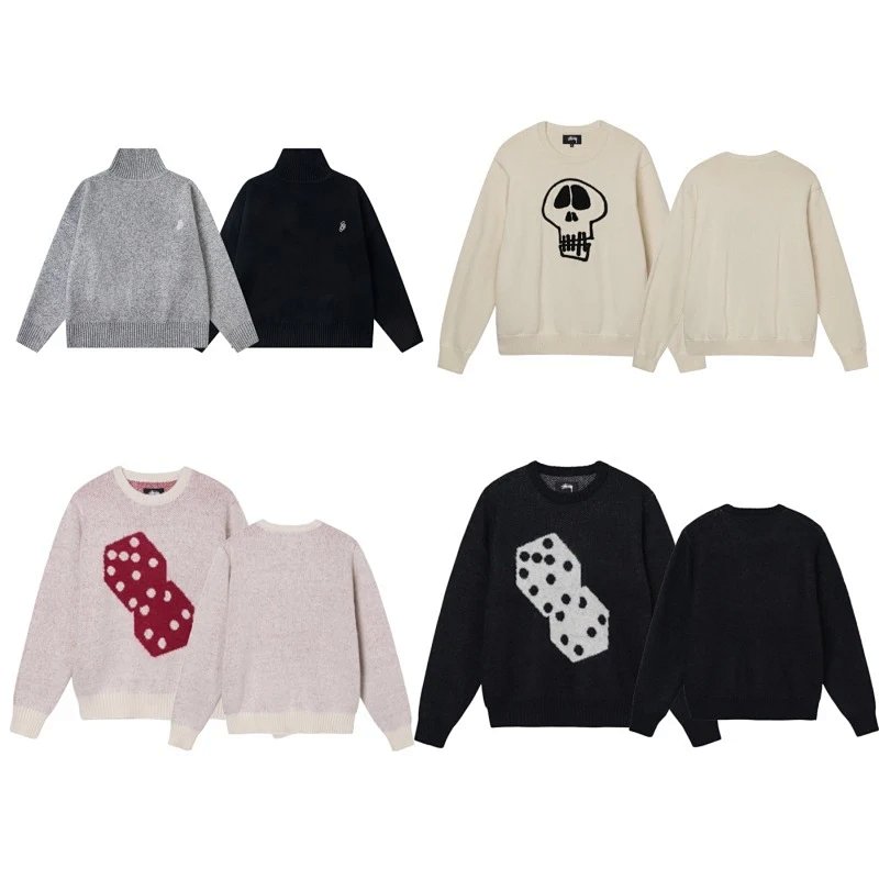 Stu Letter Series Jacquard Knit Sweater Crew Neck Loose Fit Unisex