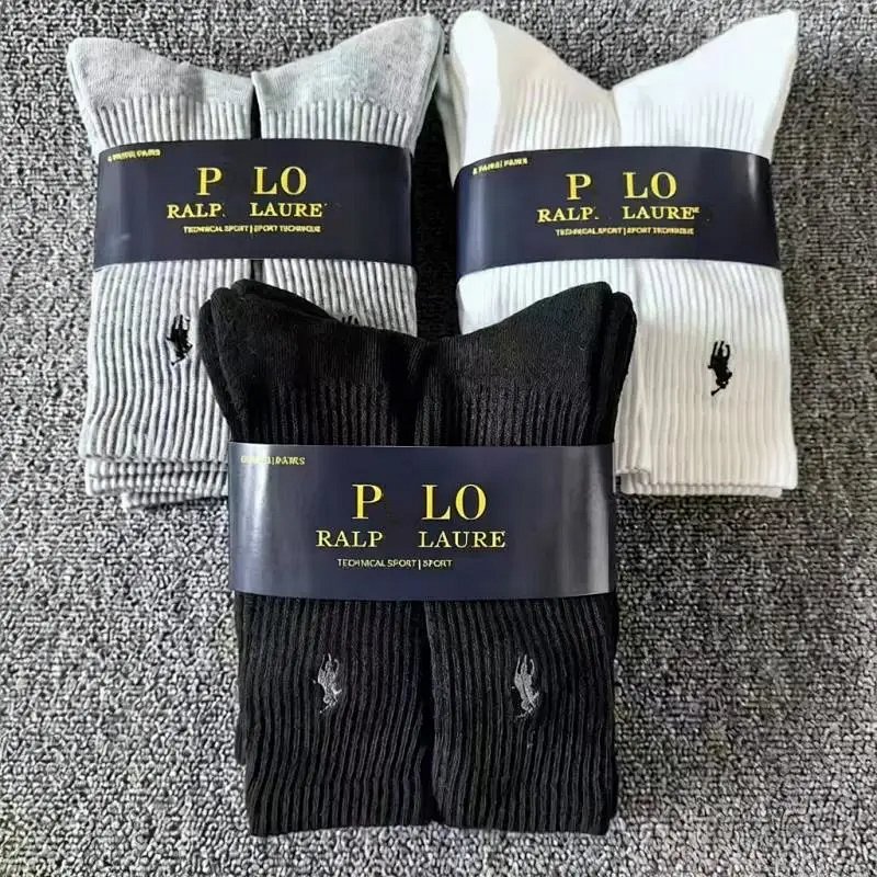6-Pack Pony Embroidered Socks, Terry Sole, Classic Black/White/Grey, Mid & High Crew