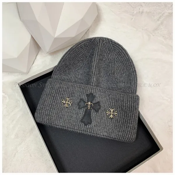 Chrome Hearts Cross Embroidered Beanie Gray Knit Hat - 1