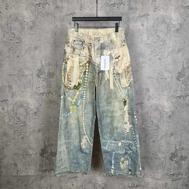 Acne Studios Jeans Wide-Leg Chain-Graphic — 14-1981 Series Lace Pearl Necklace