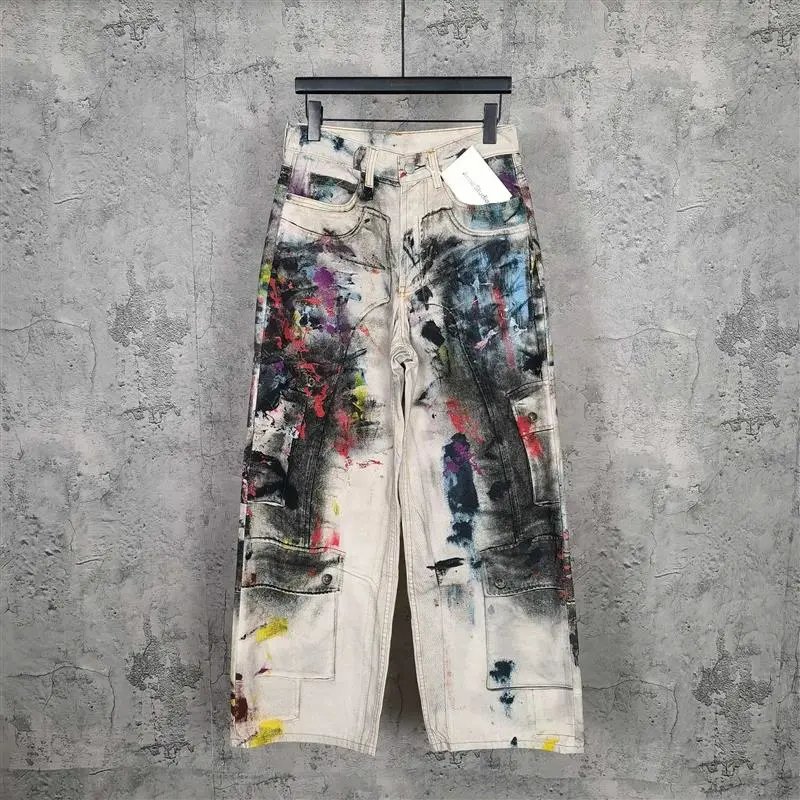 Acne Studios Jeans Wide-Leg Chain-Graphic — 24-1981 Series Graffiti Ink Splatter