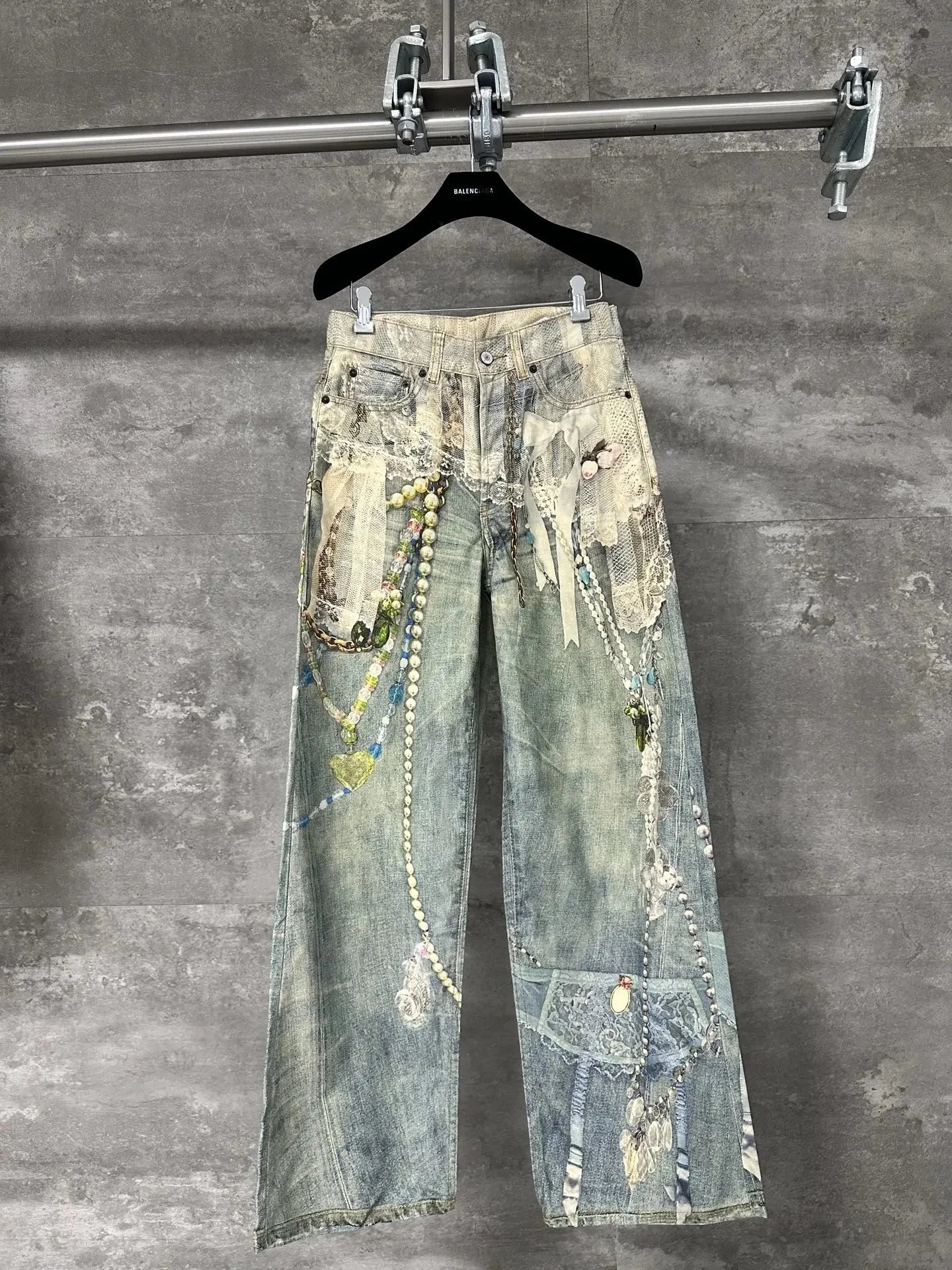 Acne Studios Jeans Wide-Leg Chain-Graphic — 18-1981 Series Lace Pearl Chain