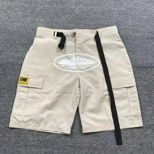 Litchwork Cargo Shorts Beige with Graphic Print and Strap Detail - 1