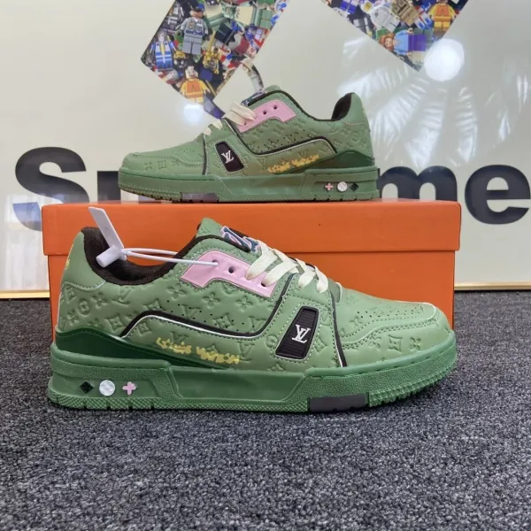 Louis Vuitton Trainer Low Green Monogram Pink Accents Sneakers - 1