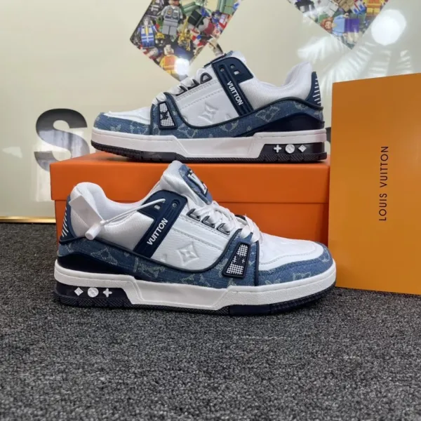 Louis Vuitton Trainer Monogram Denim Blue White Sneakers - 1