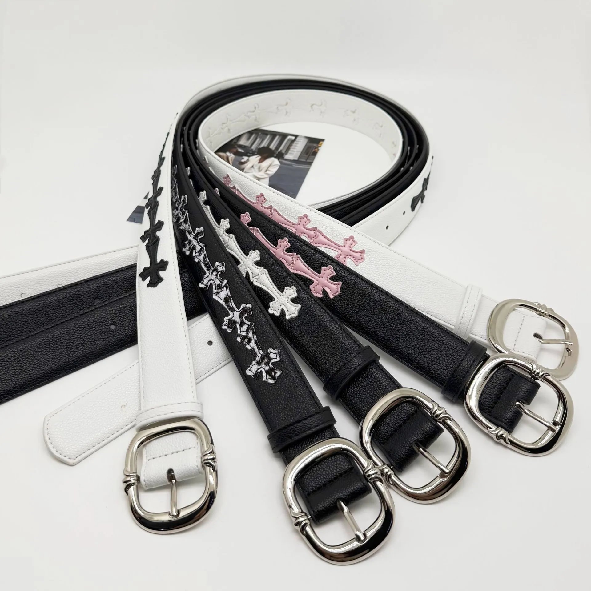 Vintage Classic Cross Vine Belt with Rivets & Red Inlay Trim for Men and Women - Pin Buckle, Celeb Style