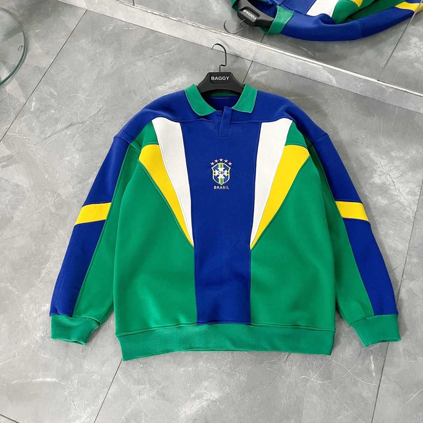 欧美重磅秋冬季宽松巴西字母刺绣立体拼接设计男女运动上衣