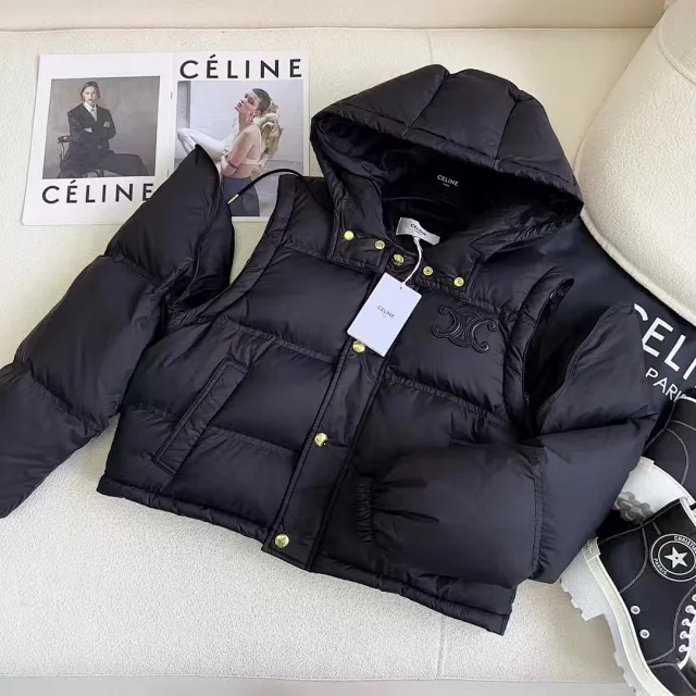 Celine Down Jackets Hooded puffer jacket with Triomphe chest emblem product detail image 3