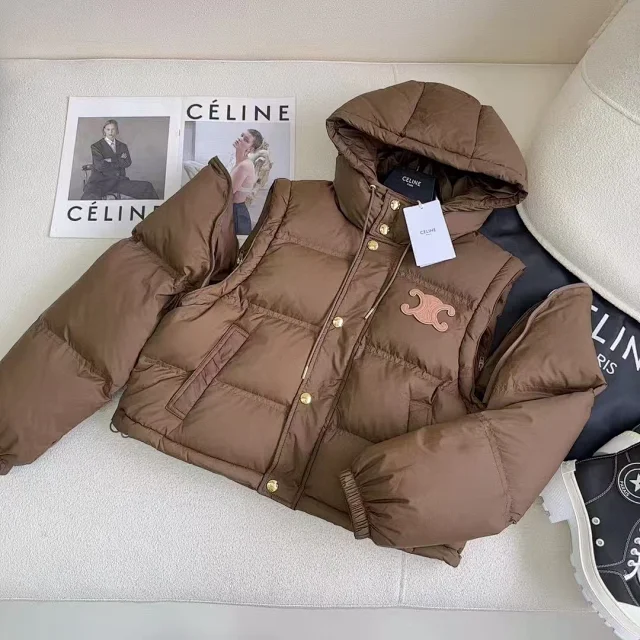 Celine Down Jackets Hooded puffer jacket with Triomphe chest emblem product detail image 2