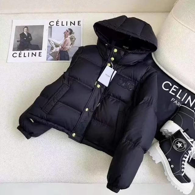 Celine Down Jackets Hooded puffer jacket with Triomphe chest emblem product detail image 1
