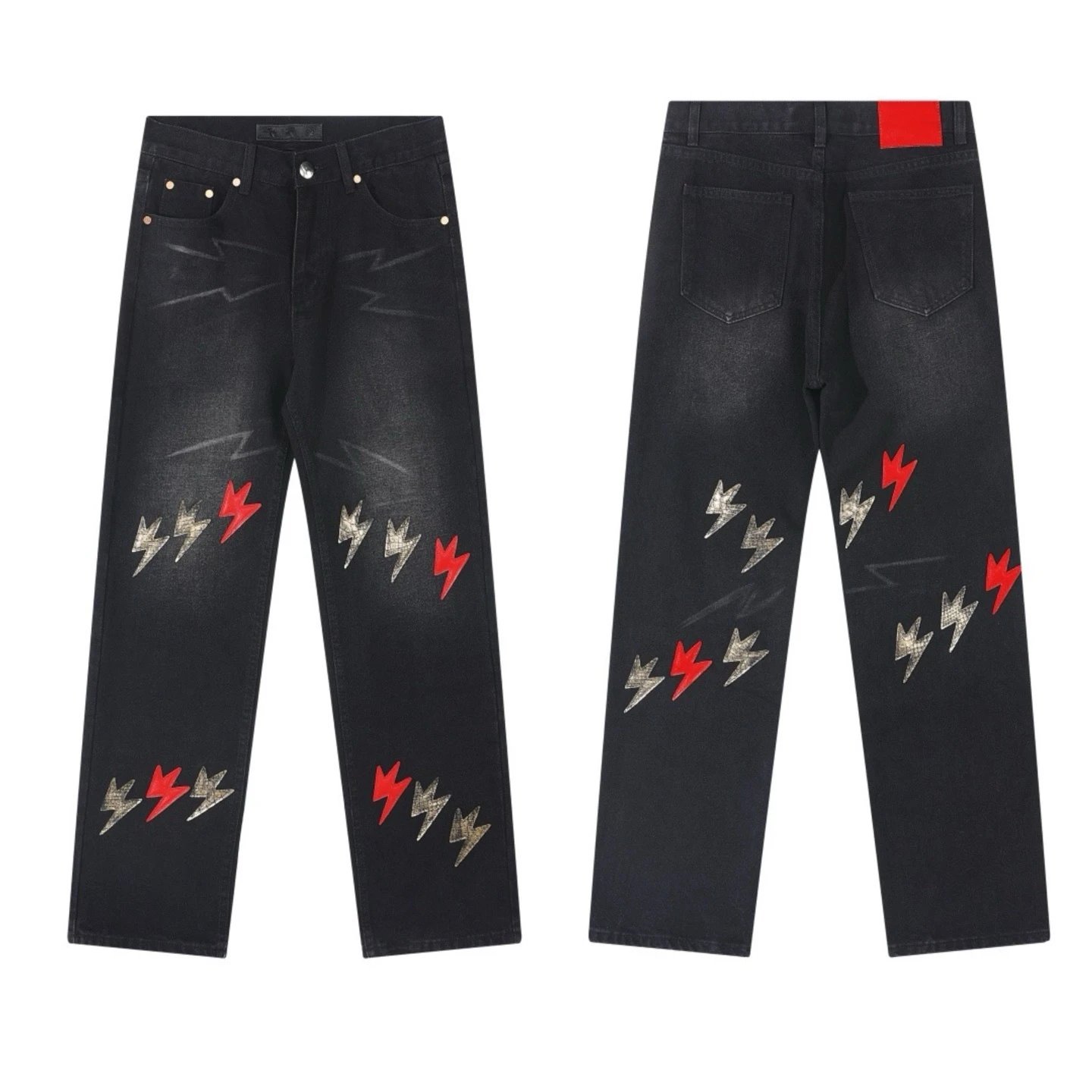 Design Lightning Bolt Print Gradient Wash Jeans - 9