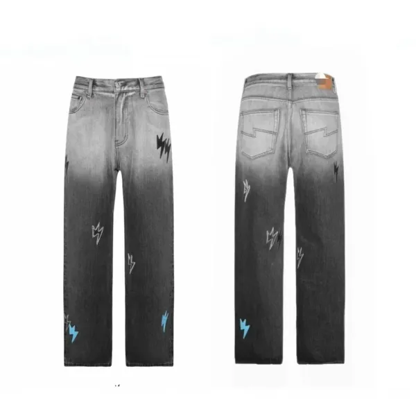 Design Lightning Print Gradient Wash Jeans - 1
